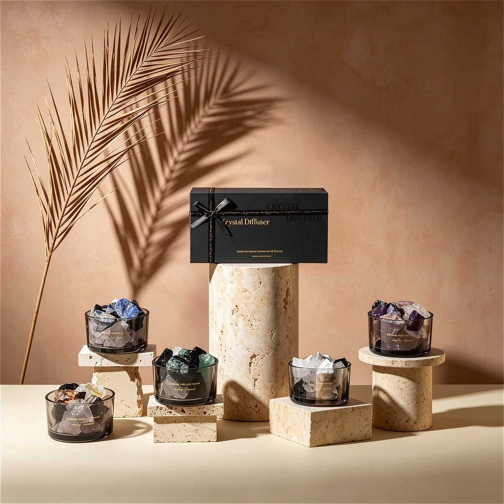 A professional product display of the ZenPulse Luminous Aura Crystal Diffuser collection. Five different variants, including Amethyst, Blue Sodalite, and Green Fluorite, are arranged on travertine stone pedestals. A premium black gift box sits on the central pillar, all set against a warm terracotta background with elegant palm leaf shadows.