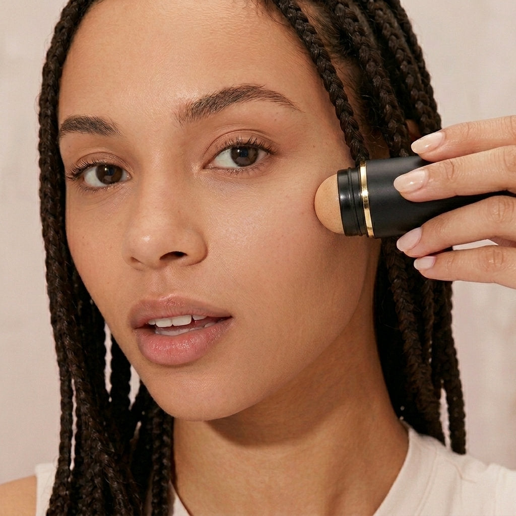 A woman applying the ZenPulse™ Matte-Flow Volcanic Roller in Obsidian Black to her cheek for instant oil absorption and a natural matte skincare finish.