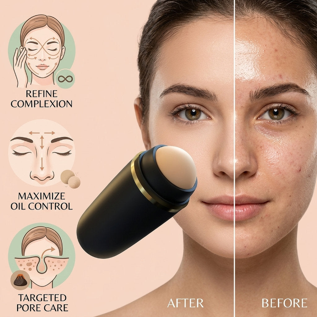 Before and after comparison of ZenPulse™ Matte-Flow Volcanic Roller showing instant oil control, refined complexion, and targeted pore care for oily skin types.