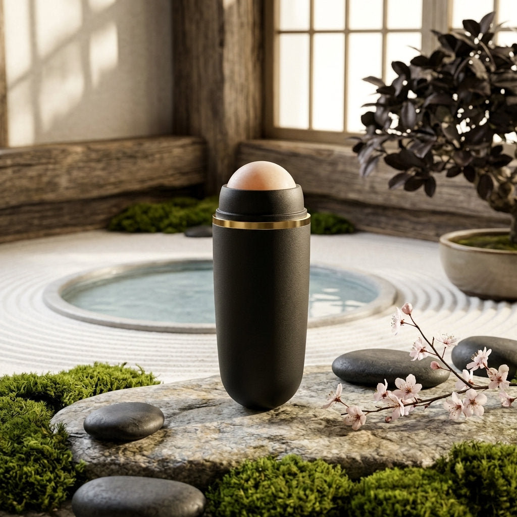 ZenPulse™ Matte-Flow Volcanic Roller in Obsidian Black placed on a natural stone in a serene Zen garden setting with cherry blossoms and a tranquil water feature.