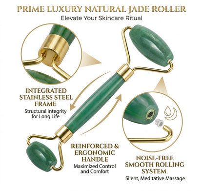 Close-up details of the ZenPulse™ Jade Roller featuring an integrated stainless steel frame, ergonomic handle, and a noise-free smooth rolling system for a silent, meditative facial massage.