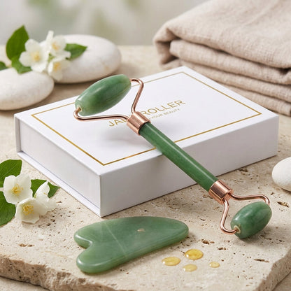 ZenPulse™ Radiance Ritual authentic green jade facial roller and gua sha sculpting tool on a stone surface with luxury gift packaging.