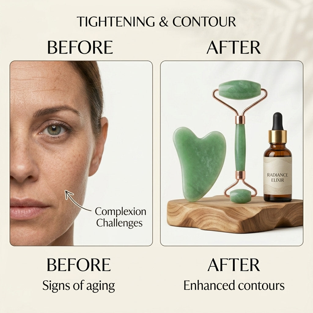 Before and after comparison showing the results of the ZenPulse™ Radiance Ritual. Left side illustrates complexion challenges and signs of aging; right side features the jade roller, gua sha, and radiance elixir for enhanced contours and refreshed skin.