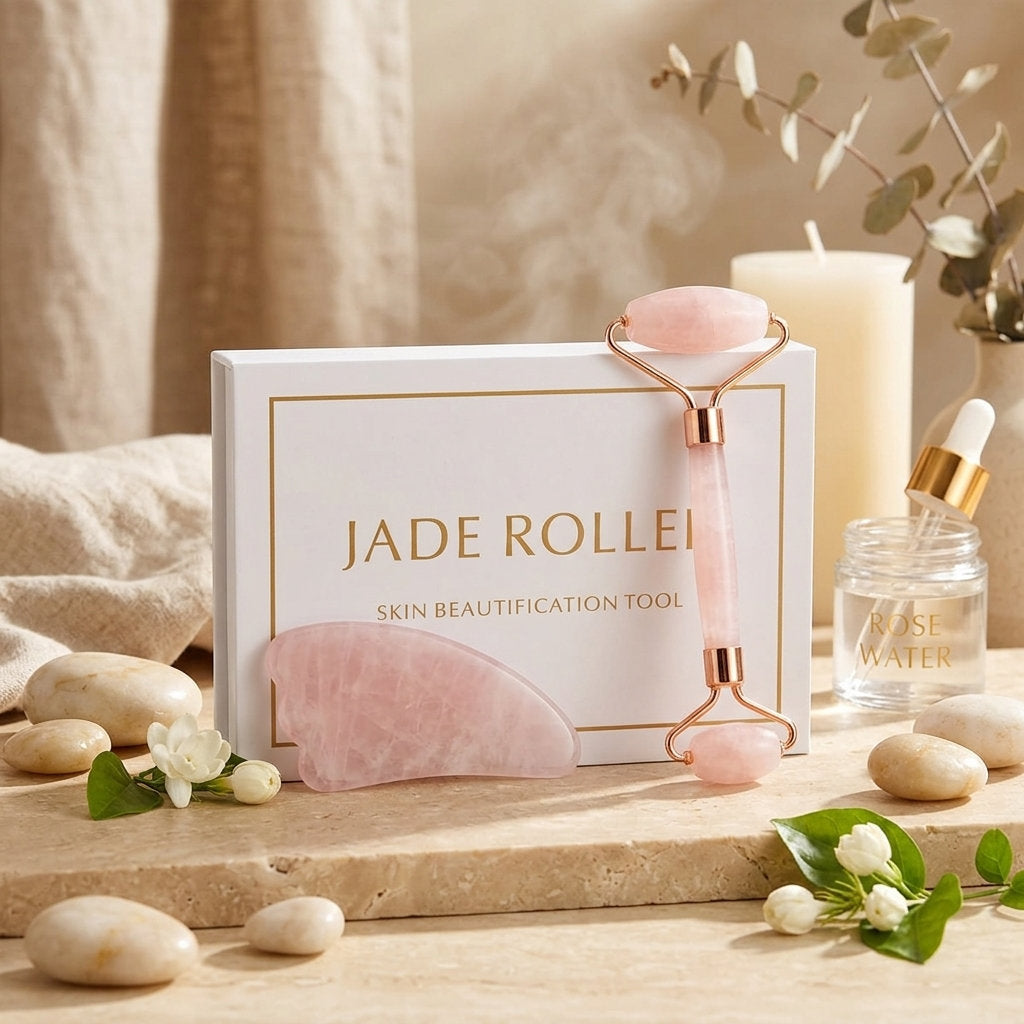ZenPulse™ Radiance Ritual authentic pink Rose Quartz facial roller and classic curved gua sha sculpting tool with luxury gift packaging.
