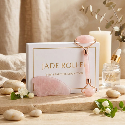 ZenPulse™ Radiance Ritual authentic pink Rose Quartz facial roller and classic curved gua sha sculpting tool with luxury gift packaging.
