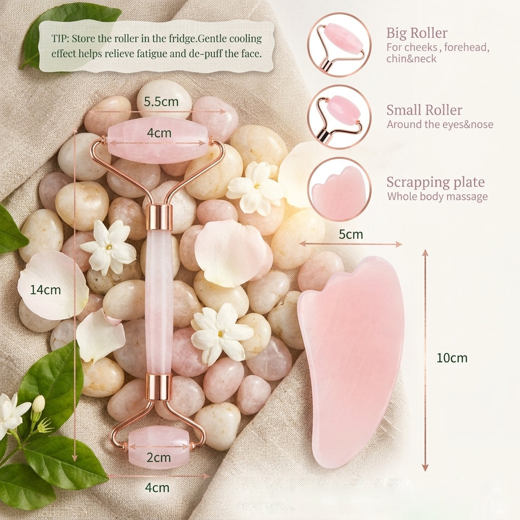 Detailed dimensions of the ZenPulse™ Radiance Ritual Rose Quartz set. Features a 14cm dual-headed facial roller and a 10cm by 5cm sculpting plate with usage tips for cheeks, eyes, and neck.
