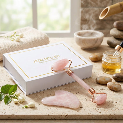 ZenPulse™ Radiance Ritual 100% natural rose quartz facial roller and sculpting gua sha set with premium gift box.