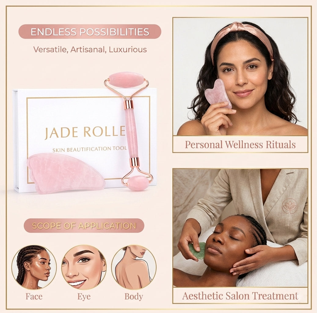 A lifestyle collage of the ZenPulse™ Radiance Ritual set, showcasing personal wellness rituals and aesthetic salon treatments. Features the rose quartz roller and gua sha being used for face, eye, and body care.