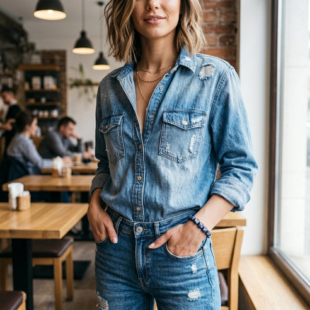 A lifestyle photo of a woman in a denim shirt and jeans, wearing the ZenPulse Truth & Clarity bracelet on her wrist. The deep blue tones of the Sodalite gemstone pillars perfectly complement the indigo denim fabric, showcasing it as a stylish and grounded accessory for casual daily wear.